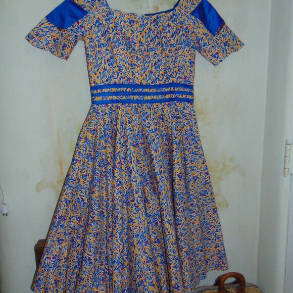 African Ladies Ethnic Dress Custom Fit & Flare 50s style Vibrant Dashiki Blue S - Picture 8 of 10